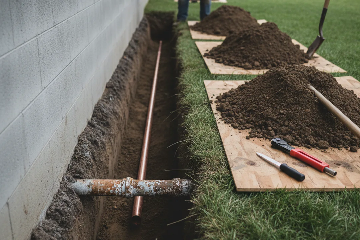 Excavated water line trench during Sewer Line Repair in Cropseyville